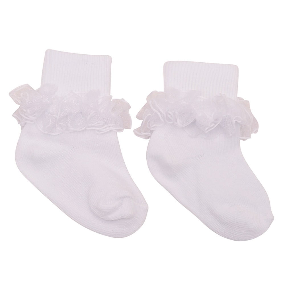 White Frilled Lace Baby Socks with White And Silver Ribbon Trim size 0-3 months