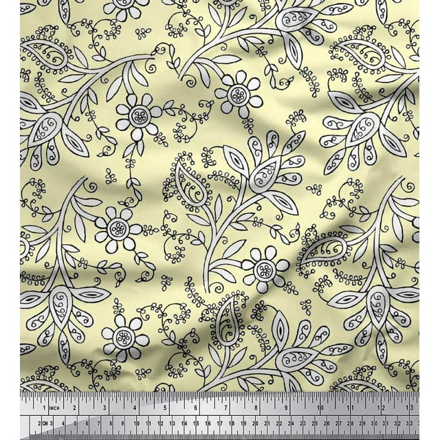 Soimoi Modal Satin Fabric Leaves & Floral Block Decor Fabric Printed Yard 42 Inch Wide