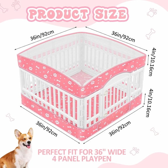 2 Pack Dog Playpen Cover and Bottom Mat for 36 Inch 4 Panels - Pink Waterproof Reusable Pet Exercise Pad with Hook and Design