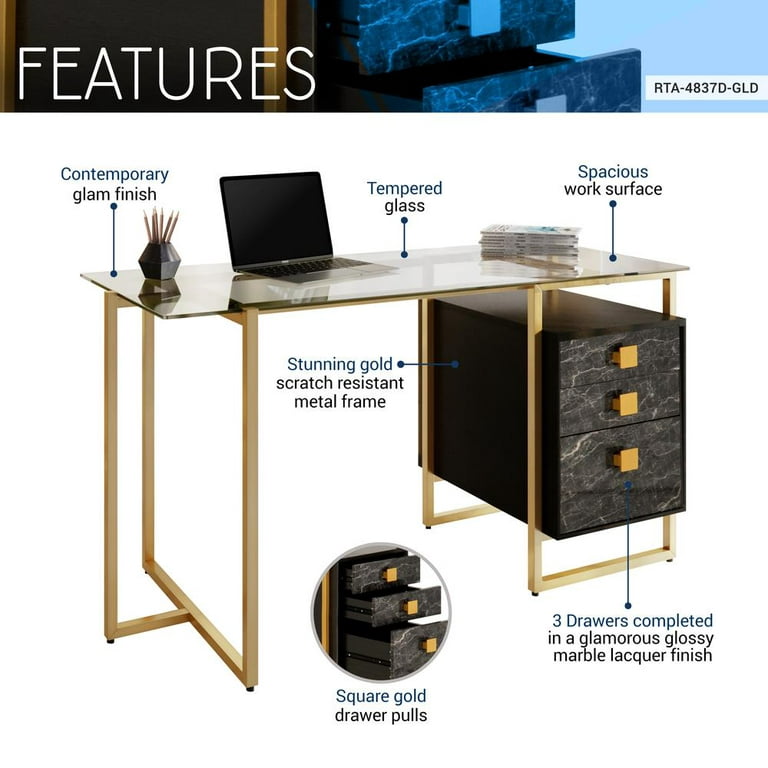  NA Glass Computer Desk with Metal Frame, Home Office