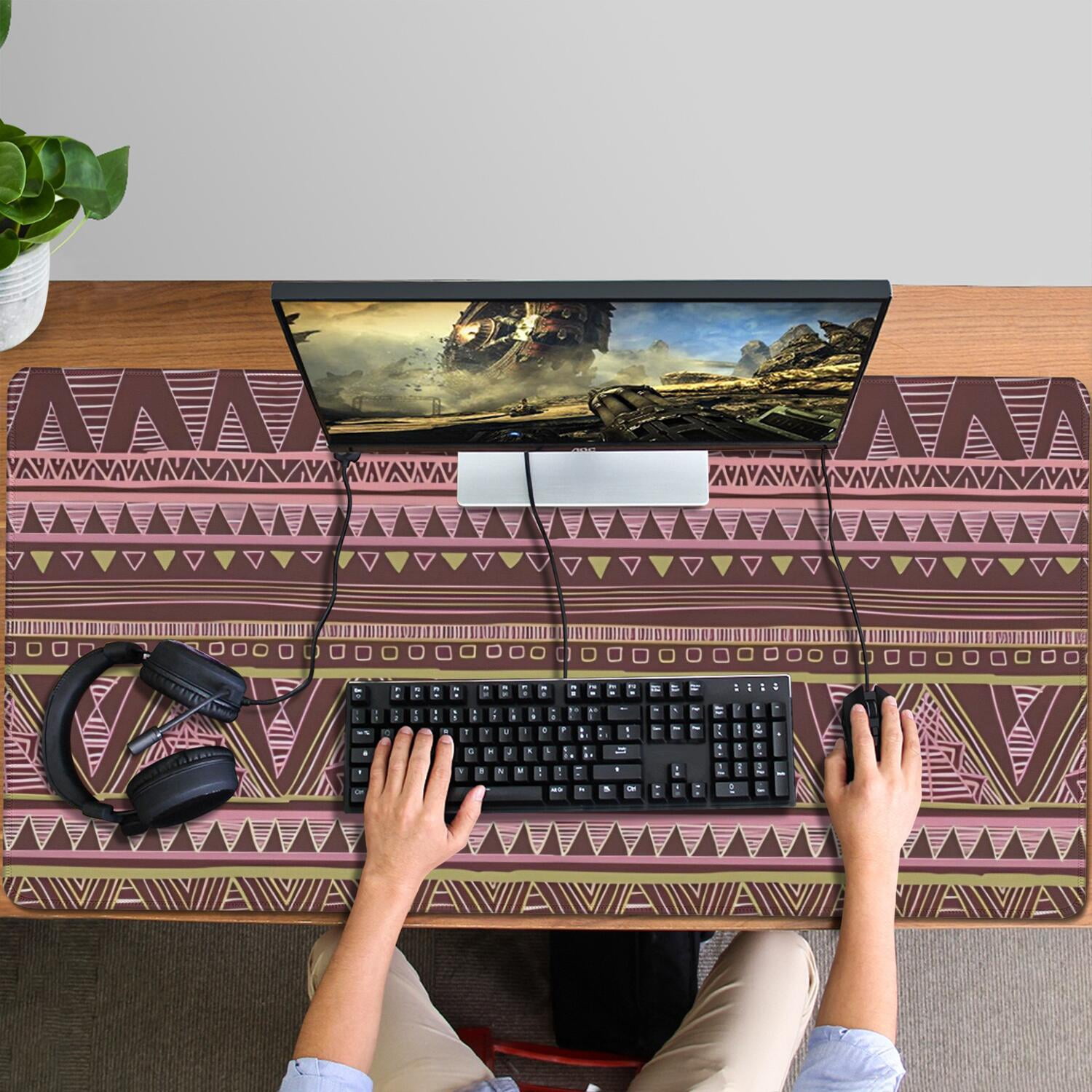 Long Mouse Pads for Desk,Brown Geometric Striped Pattern Desk Mats on Top Of Desks, Desk Mouse Pad Extra Large with 3mm Non-Slip Base and Stitched Edge for Gaming,Office,Work,Home 47.3"x23.6"