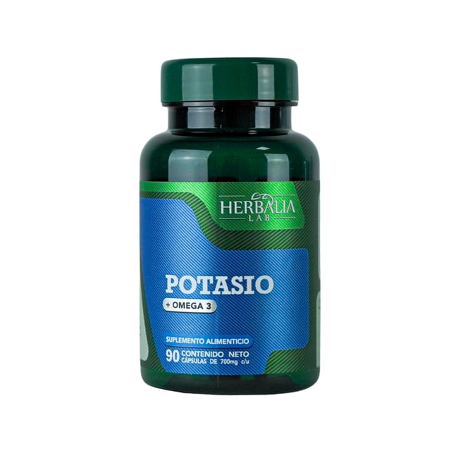 herbalia lab | suplemento de citrato de potasio + omega 3, apoyo nutricional diario - 90 cápsulas frasco verde frontal con etiqueta azul/verde que muestra "POTASIO + OMEGA 3" y leyenda de 90 cápsulas; cápsulas de 700 mg, 2 cápsulas diarias recomendadas, usado para complementar electrolitos y apoyo cardiovascular y cerebral.