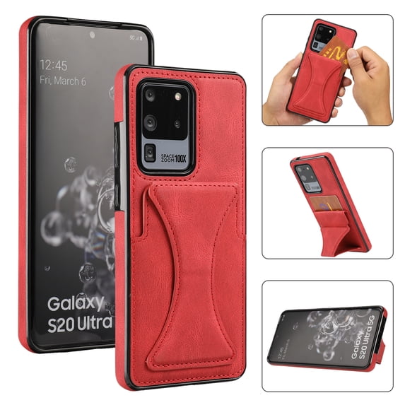 TOP SHE Case for Samsung Galaxy S20 Ultra Cell Phone (6.9 Inch) - Synthetic Leather Protective Case with Card Slot / Kickstand, Slim Fit Lightweight Simple Fashion Cover (Red)