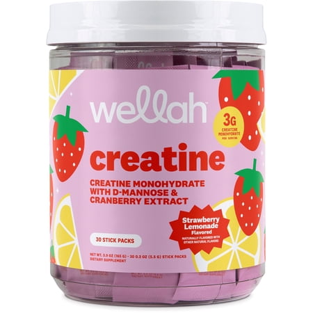 Wellah Creatine For Women (Strawberry Lemonade) 30 Stick Packs - 3g of Creatine Monohydrate with D-Mannose & Cranberry Extract, To-Go Packets