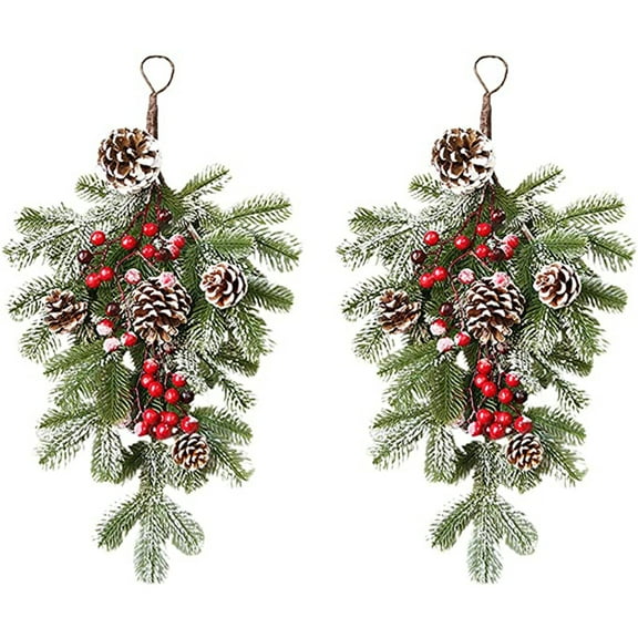 Door for All Seasons Outdoor Artificial Rattan Christmas Teardrop Swag Winter Cones Frosted Red Berries Garland For Front Door Decor Holiday Wall Window Hanging Wreath Window Suction Cups