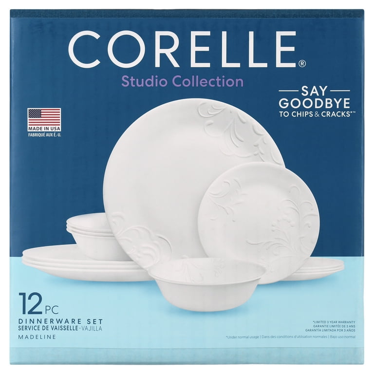 Corelle Madeline Embossed 12 Piece White Dinnerware Set