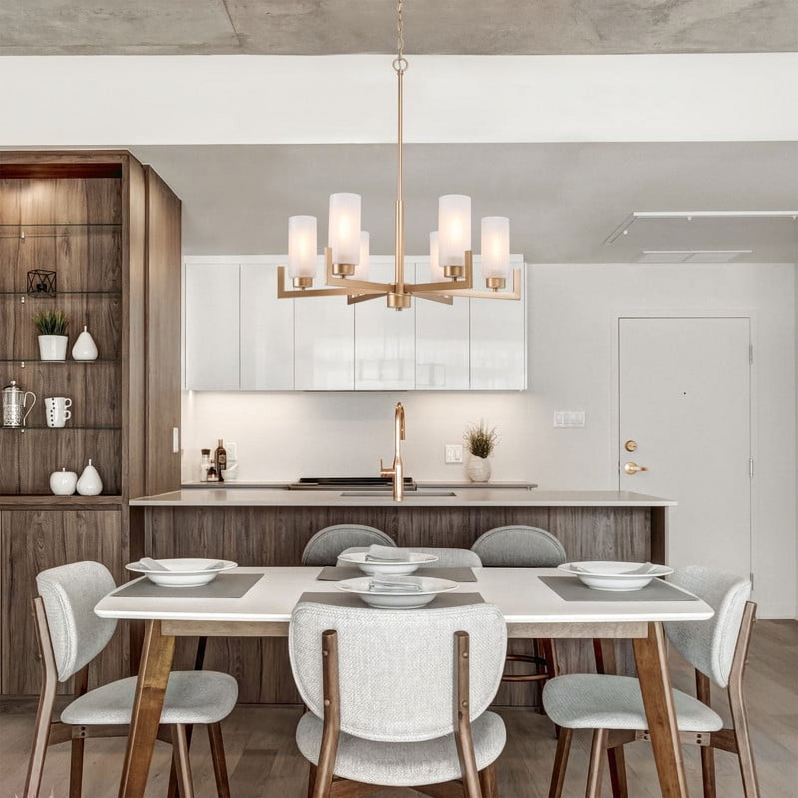 LNC 6-Light Gold Linear Chandelier with Frosted Glass for Kitchen or Dining Room