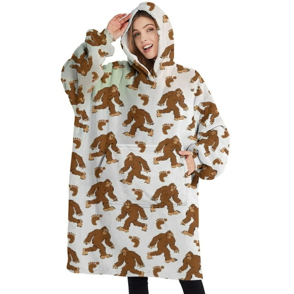 Oversized Wearable Blanket Hoodie,White Bigfoot and Footprint Pattern Sherpa Blanket Hoodie with Super Pockets,Super Warm Fuzzy Pullover for Women & Men