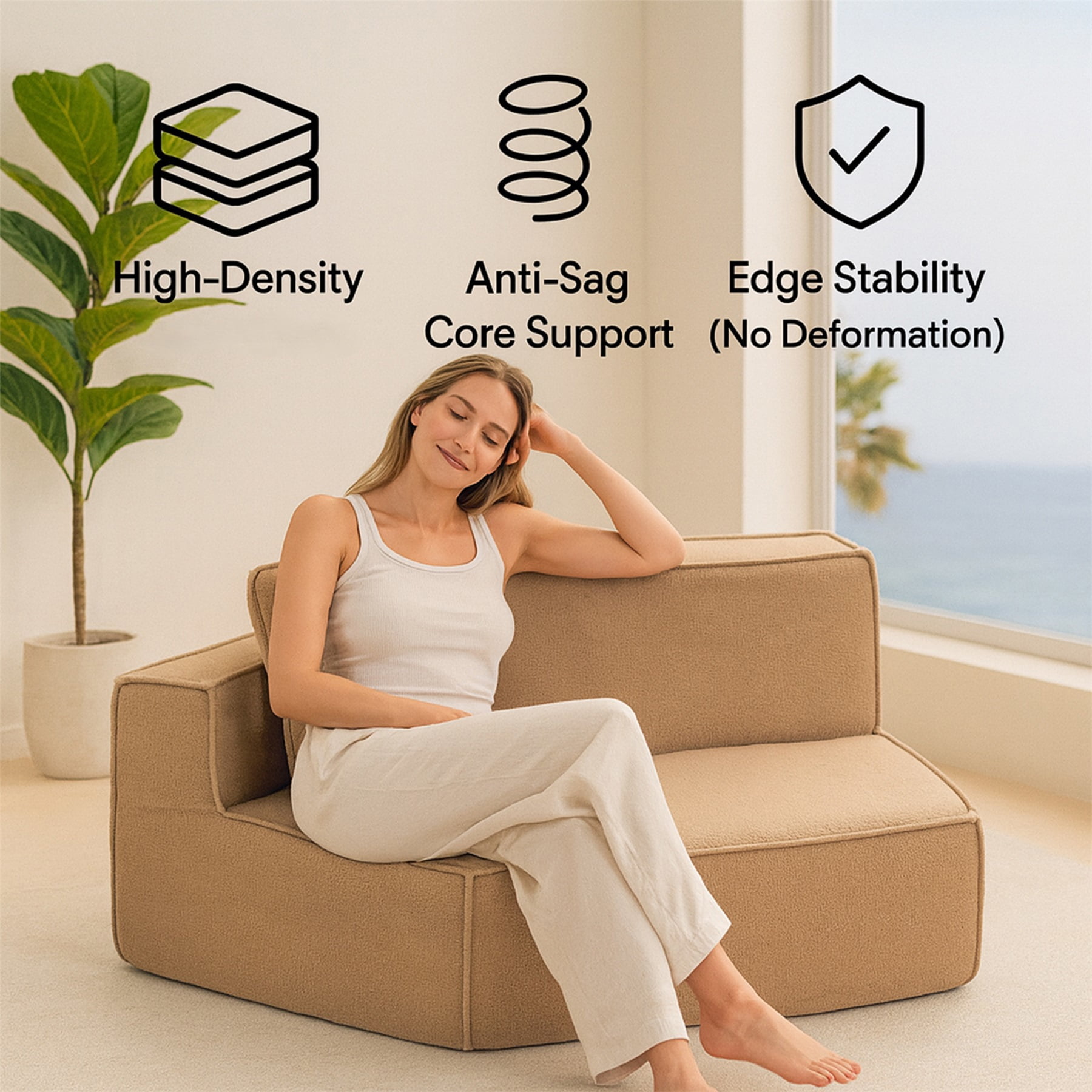 Hommoo Teddy Fleece Single Sofa Chair,Compressed Modular Floor Couch with Wide Seat and 3 Back Cushions, Soft All-Foam Support, Cozy Lounge Chair for Home, Kids & Pets, Right Side, Brown