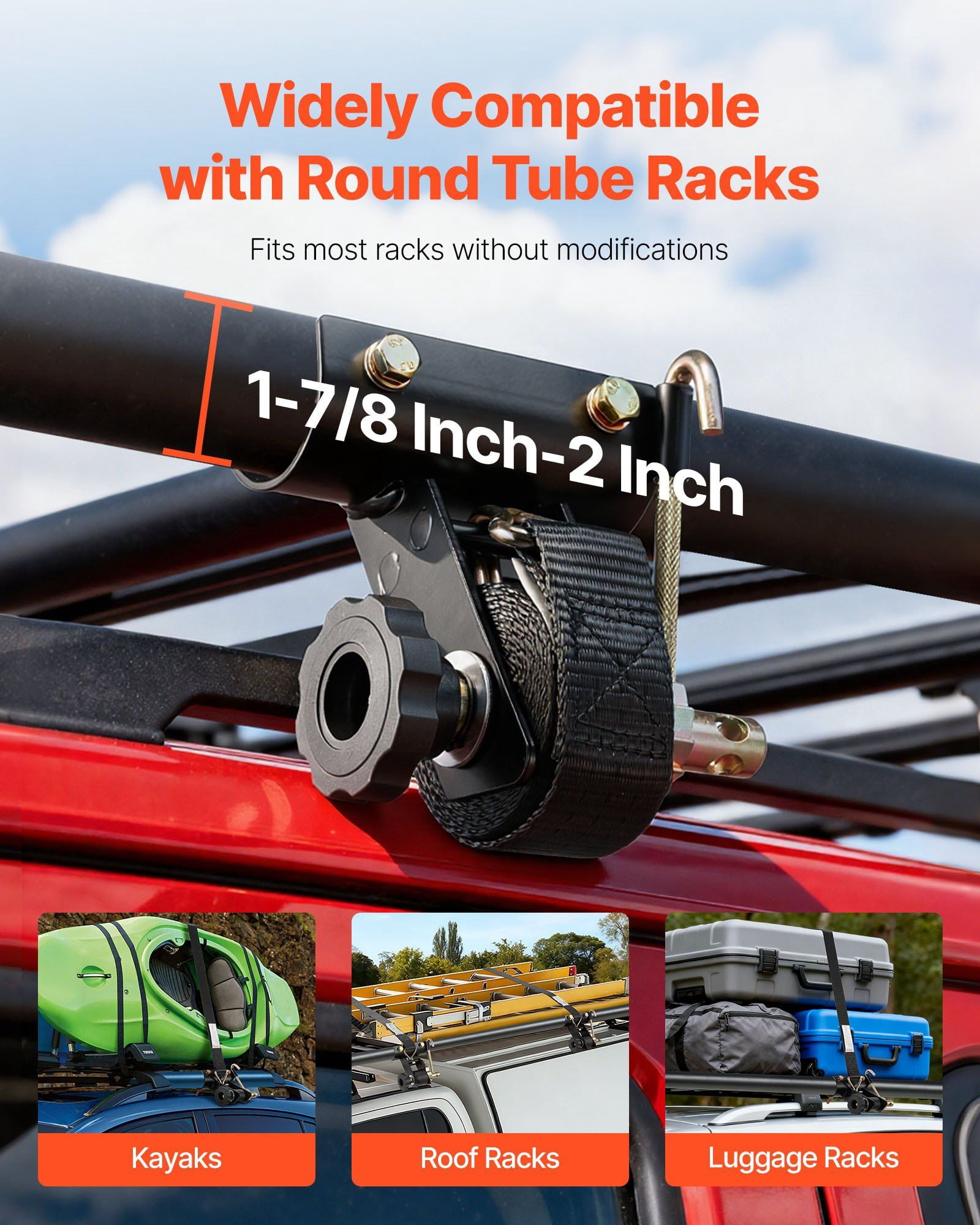 Heavy Duty Ladder Rack Straps 4 Pack 500lb Capacity Black 1.5 Inch Wide 7.4 Ft Long Double J Hooks for 1.87-2 Inch Round Tube Mounting