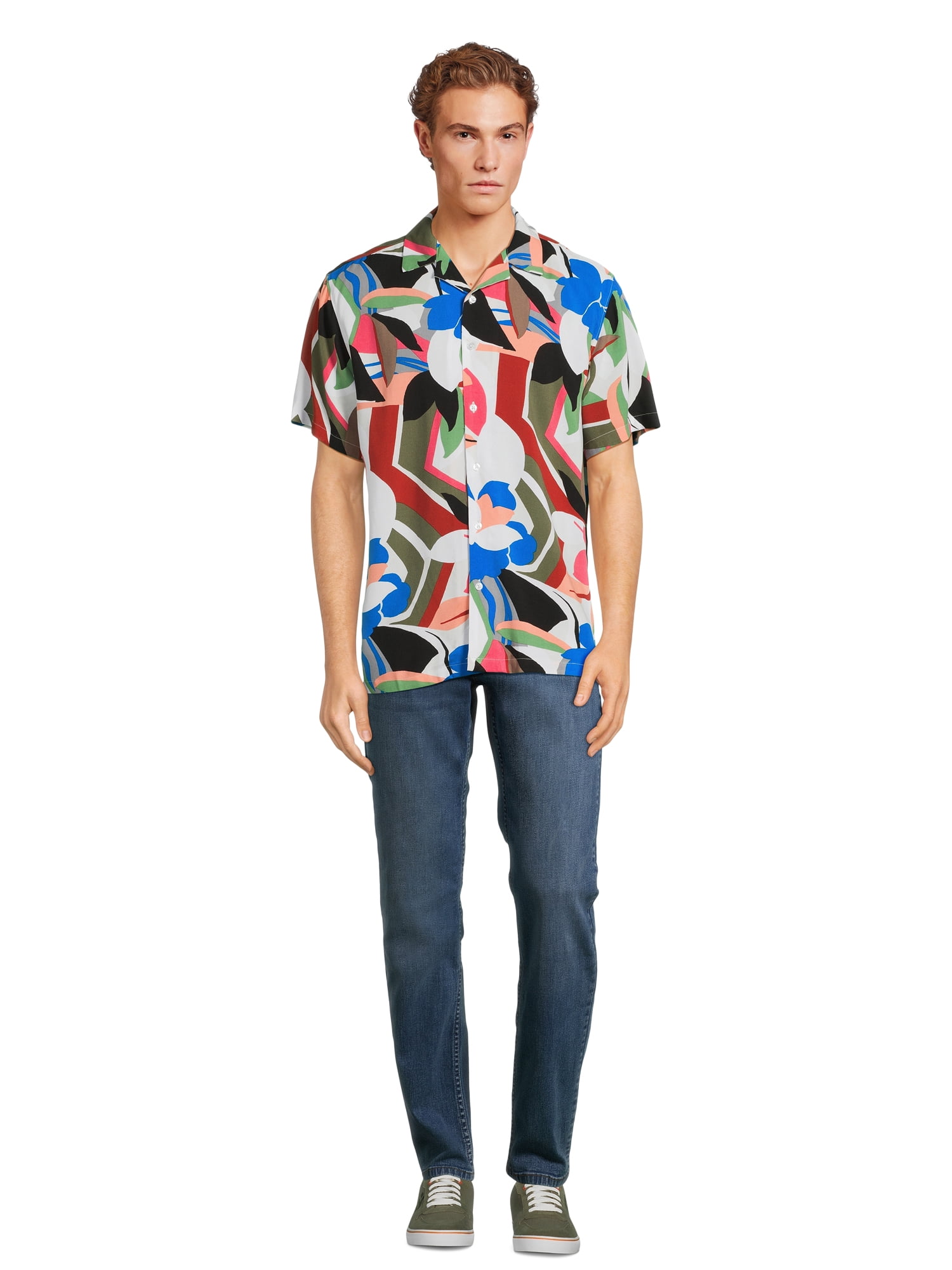 No Boundaries Men's Print Button Up Shirt with Short Sleeves, Sizes XS-3XL