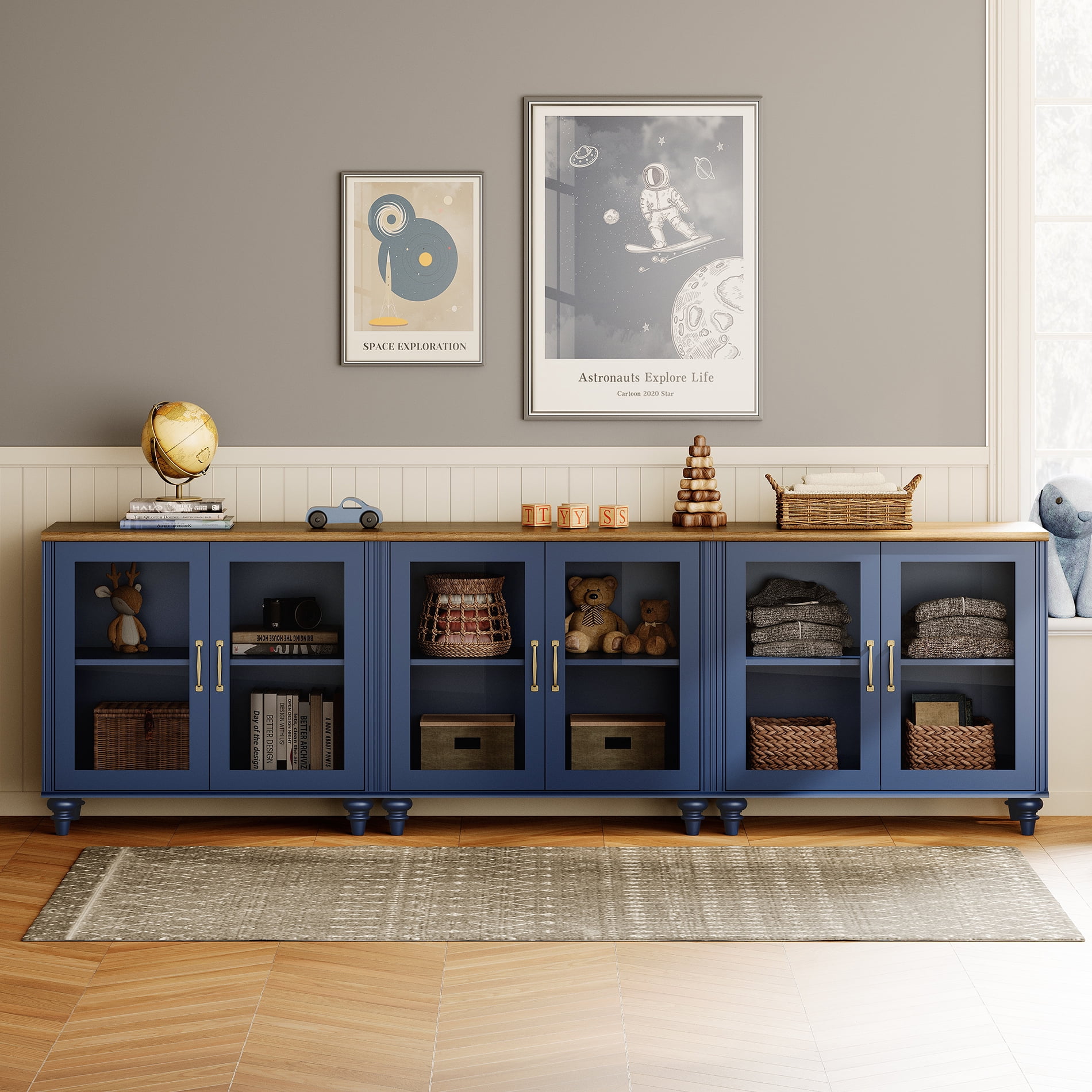 Dresser for Bedroom with 6 Glass Doors, Kids Dressers with Adjustable Shelf, Mid Century Modern Wooden Closet Storage Organizer, Large Wood Dressers for Living Room, Nursery, Hallway, Navy Blue