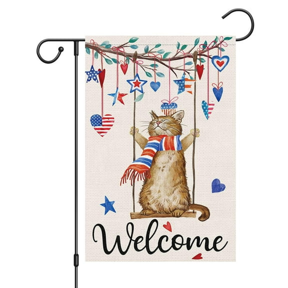 VOCHIC 4th of July Garden Flag 12x18 Double Sided, Small Burlap Welcome Patriotic Stars Cat Yard House Flags for Memorial Independence Day Outdoor Decor (Only Flag)