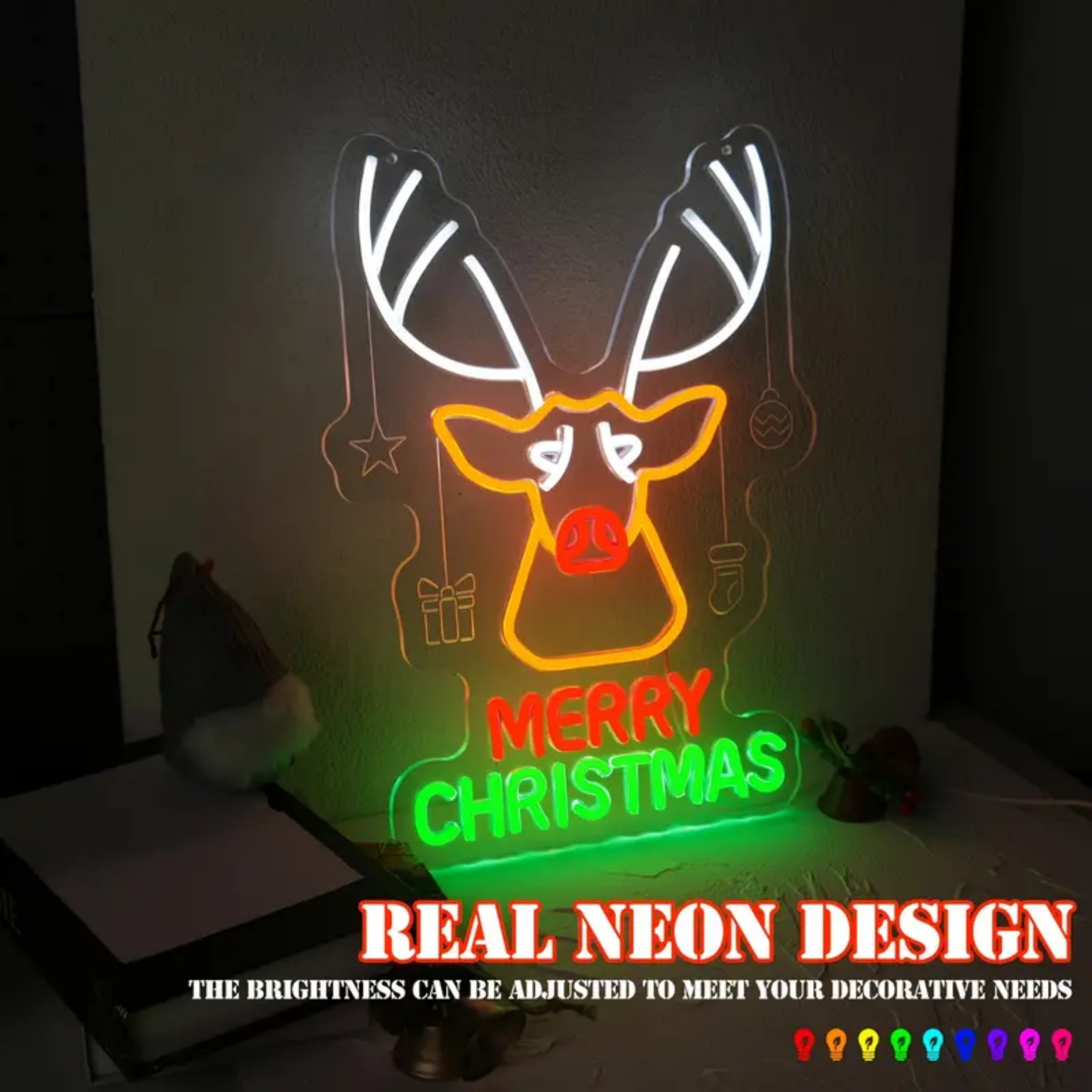 UPONRAY Christmas Reindeer Neon Signs, 17.7"*13" Dimmable & USB-Powered LED Neon Light, Stylish Wall Decor for Christmas Tree, Bed Room, Living Room, Party, Bar