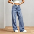 thumbnail image 4 of Women's Denim Wide Leg Pants High Waisted Drawstring Loose Fit with Pockets Casual Jeans, 4 of 5