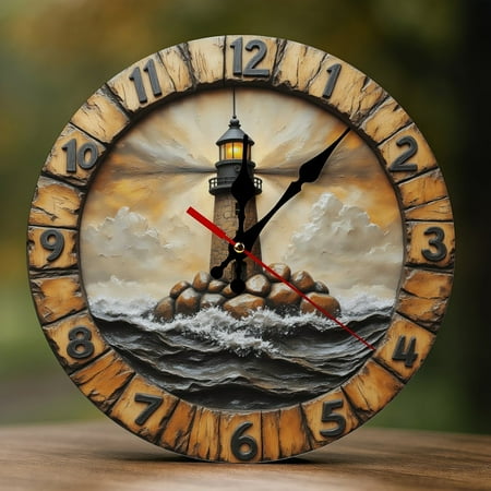Wall Clock Decorative - Rustic Lighthouse-A Print 2D Vintage Wall Clocks Battery Operated Silent Non-Ticking for Bedroom, Living Room, Kitchen, Office, Classroom, 10 Inch