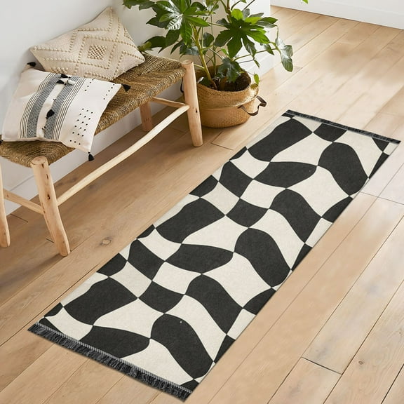 Ryvnso Black and White Plaid Pattern Bedroom Runner Rug 2'x6' Hallway Area Carpet Non Slip Entryway Mat with Tassels