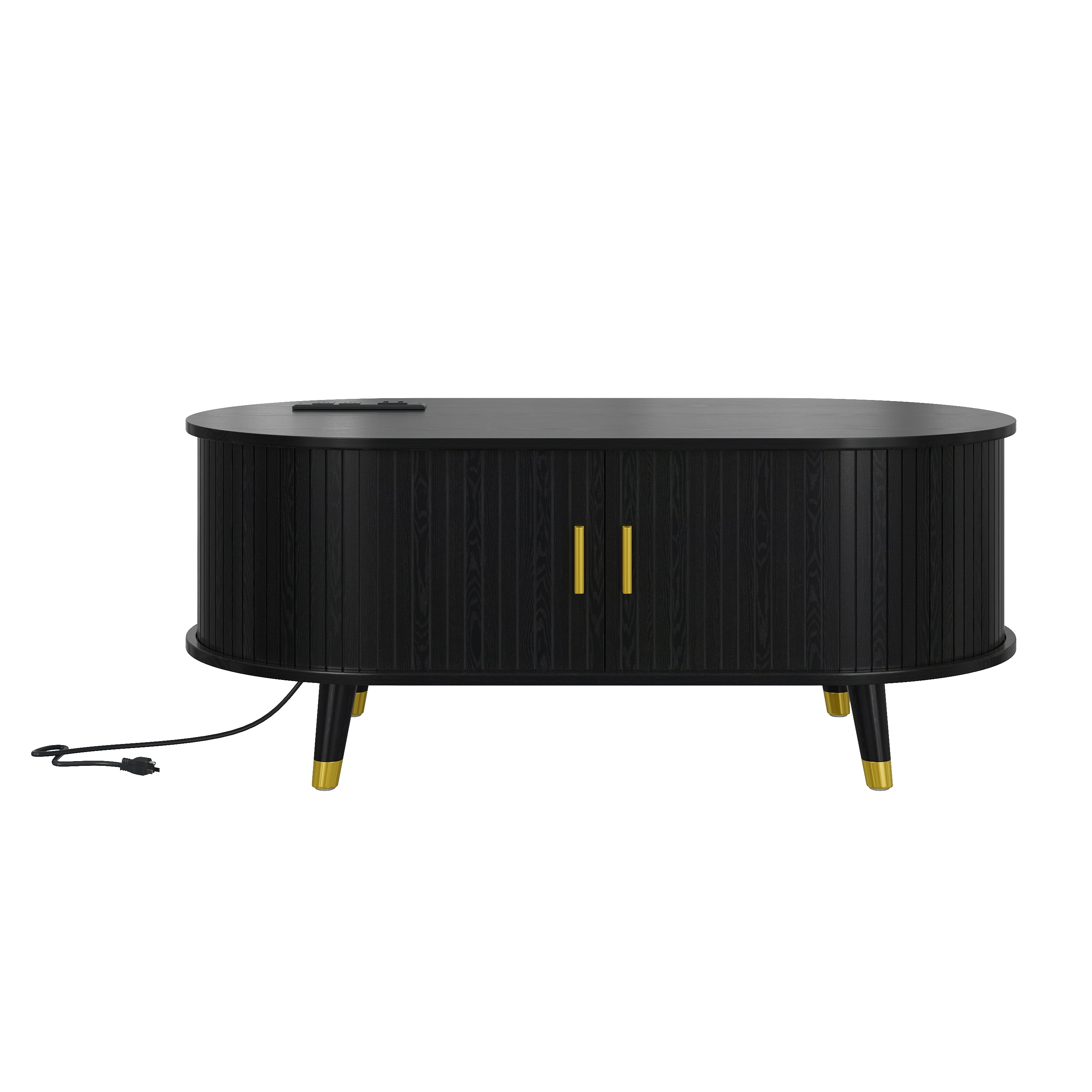 Euroco Mid-Century Modern Round Coffee Table with Fluted Sliding Doors, Charging Station, and Storage，Black
