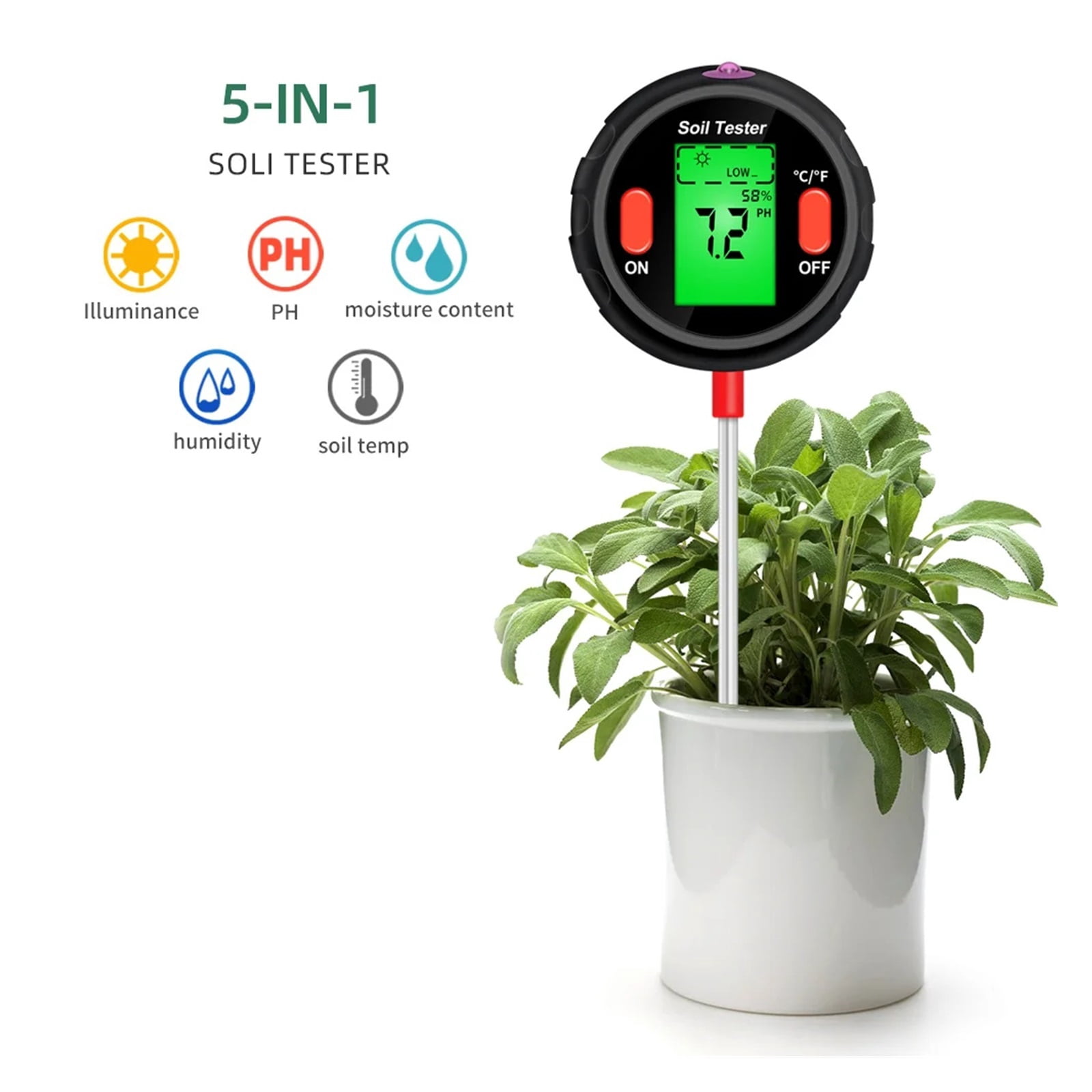 5 In 1 Soil Ph Meter Humidity Moisture Light Temp Soil Acidity Tester Moisture Sensor For Plants Flowers Garden Tool