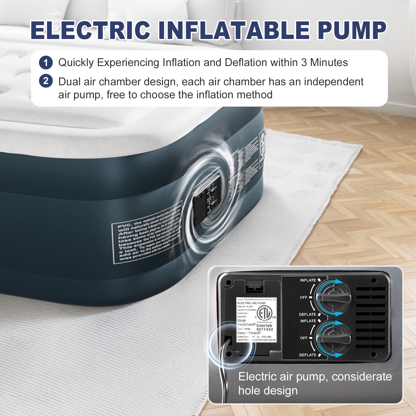 Ktaxon 18" Twin Air Mattress with Built-in Pump, Elevated Inflatable Bed, Two Chamber Airbed for Home Cmaping & Guests, Gray & White