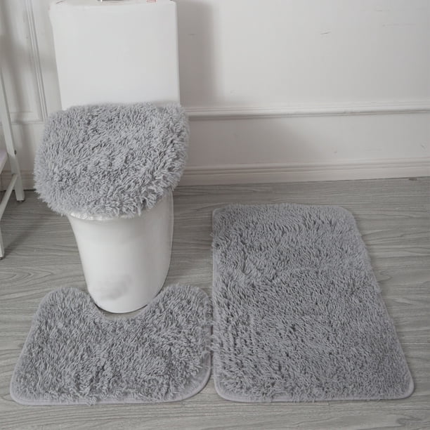 Nvzi Juego de 3 alfombras para baño, alfombra de baño antideslizante súper suave Snow Neil, fuerte absorción de agua, juego de alfombras de pelo largo para baño, incluye alfombra para inodoro, gris