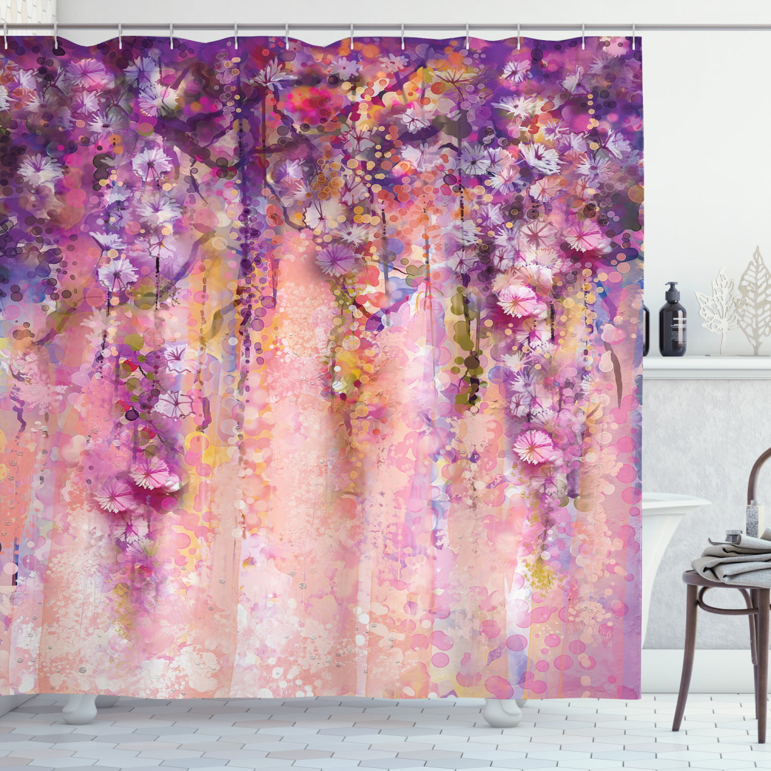 Spring Garden Wisteria Tree Polyester Fabric Shower Curtain Bathroom w/ Hooks 