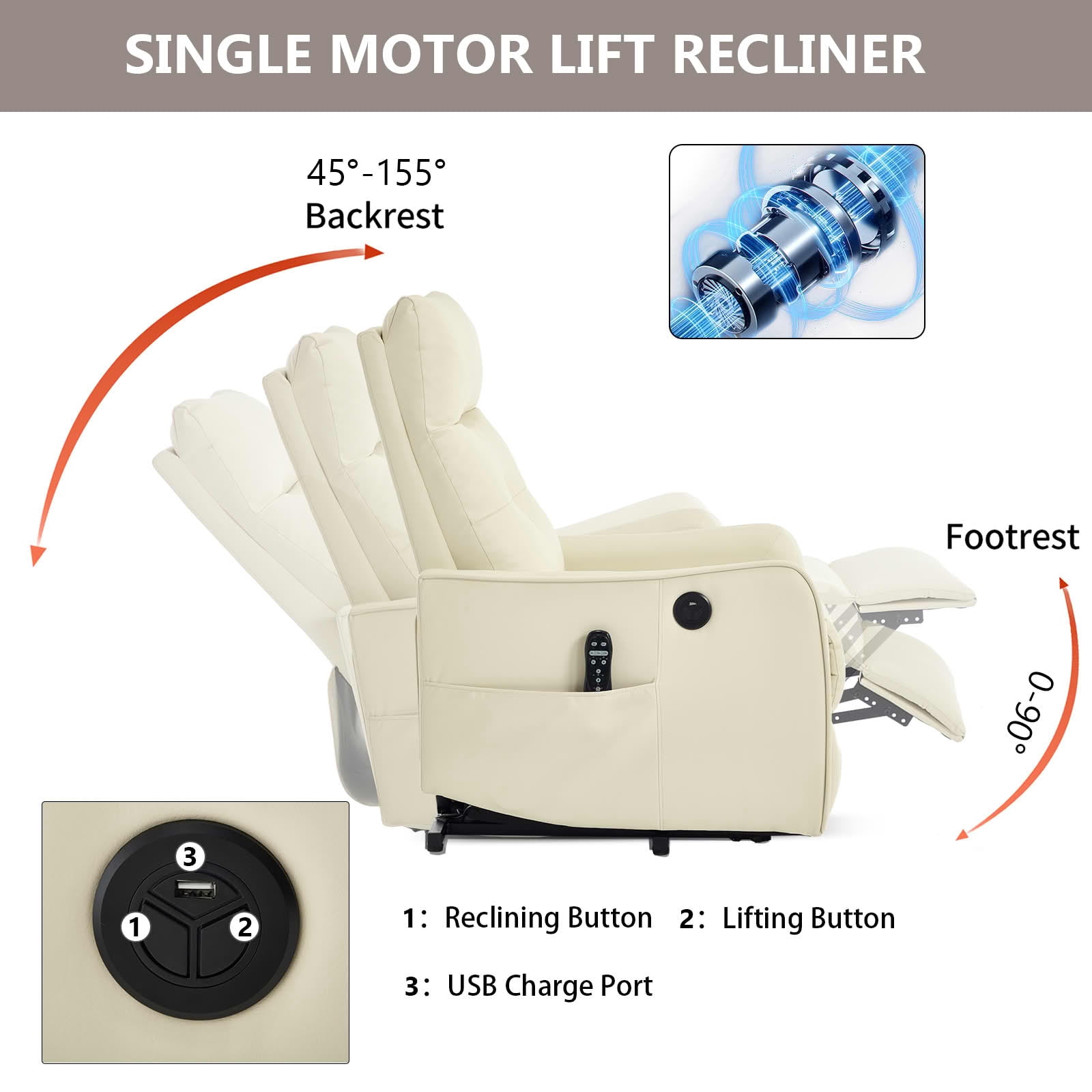 MAYEERTY Beige PU Leather Power Lift Recliner Chair, Massage Heat USB Port 25"x36"x39" for Elderly