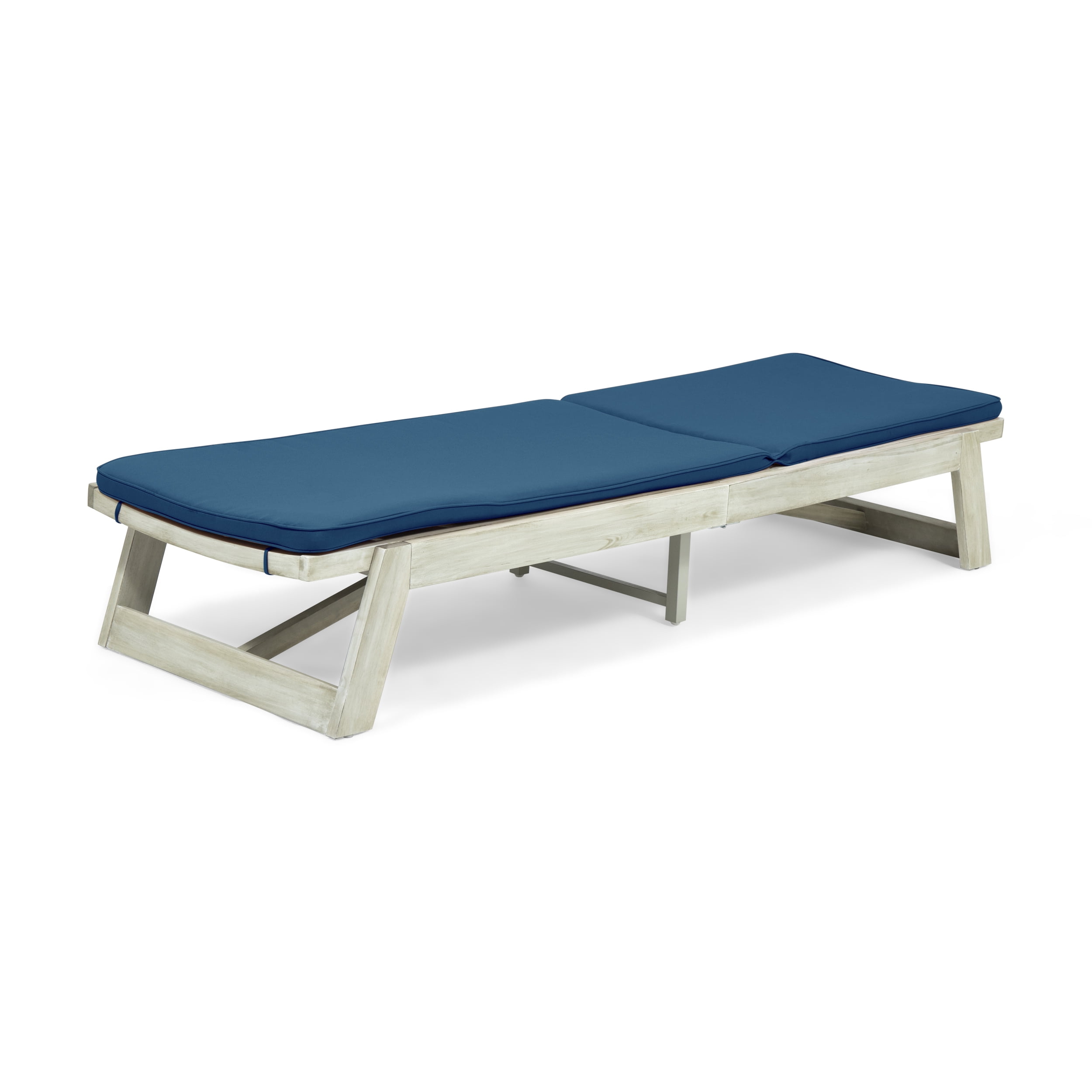 Cullen Outdoor Acacia Wood Chaise Lounge and Cushion Sets, Set of 2, Light Gray and Blue