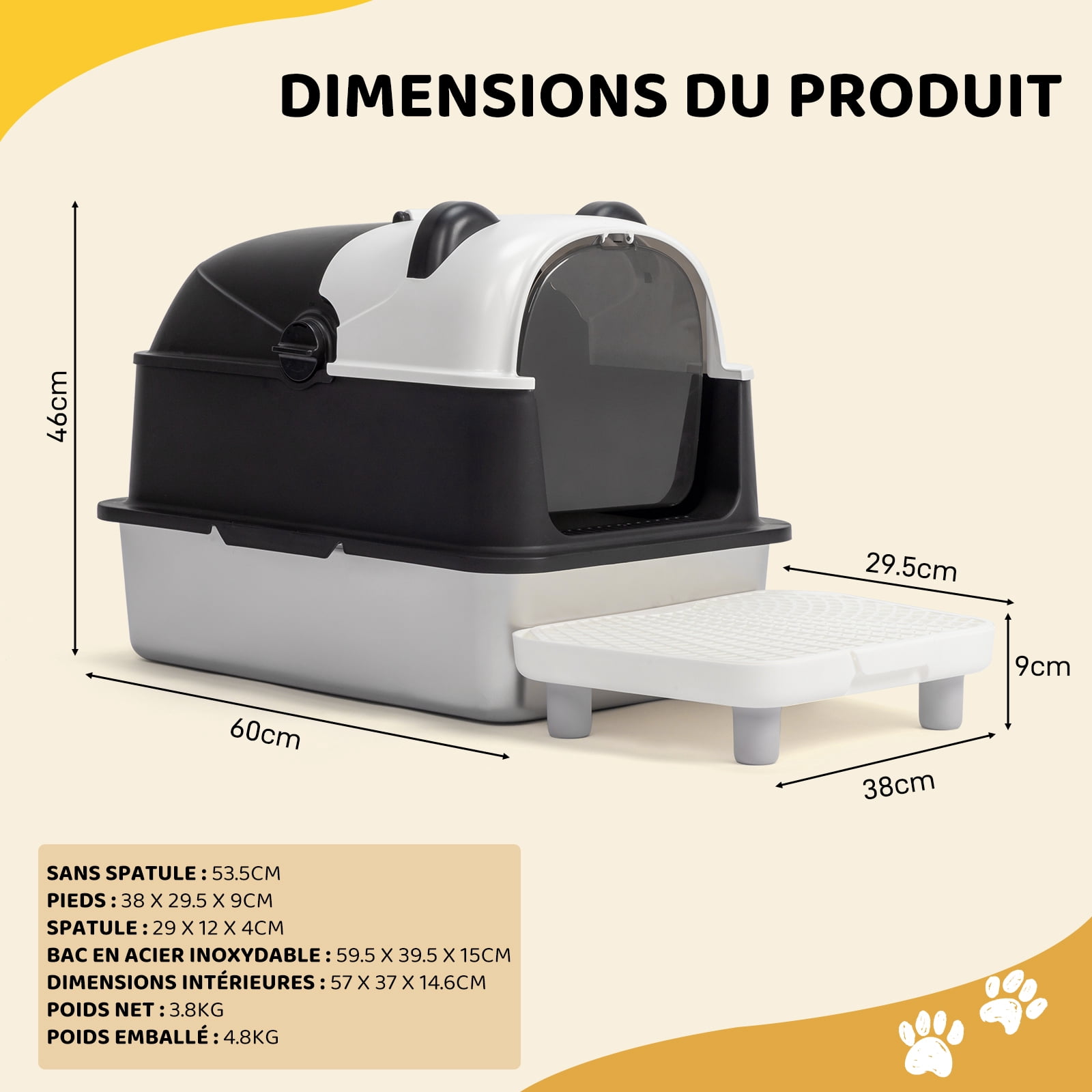Zimtown Stainless Steel Panda Cat Litter Box, 60x40x46cm, Scoop & Filter, Anti-Leak, 3.9kg for Big Cats, Black White