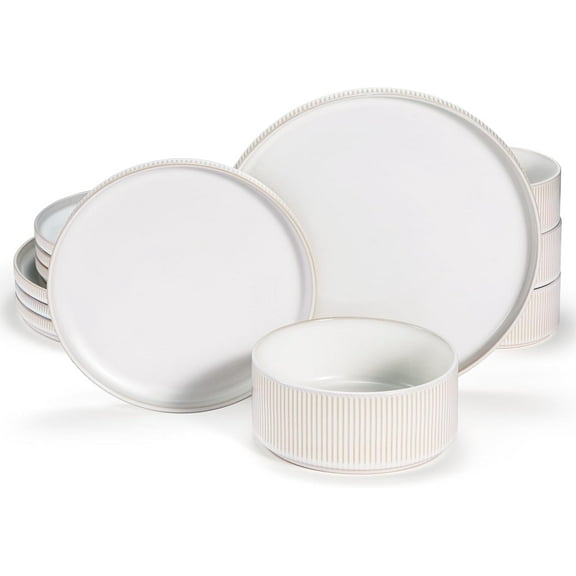 Kook Ceramic Dinnerware Set, 12 Piece, Powder White, Service for 4, Hearthstone Collection