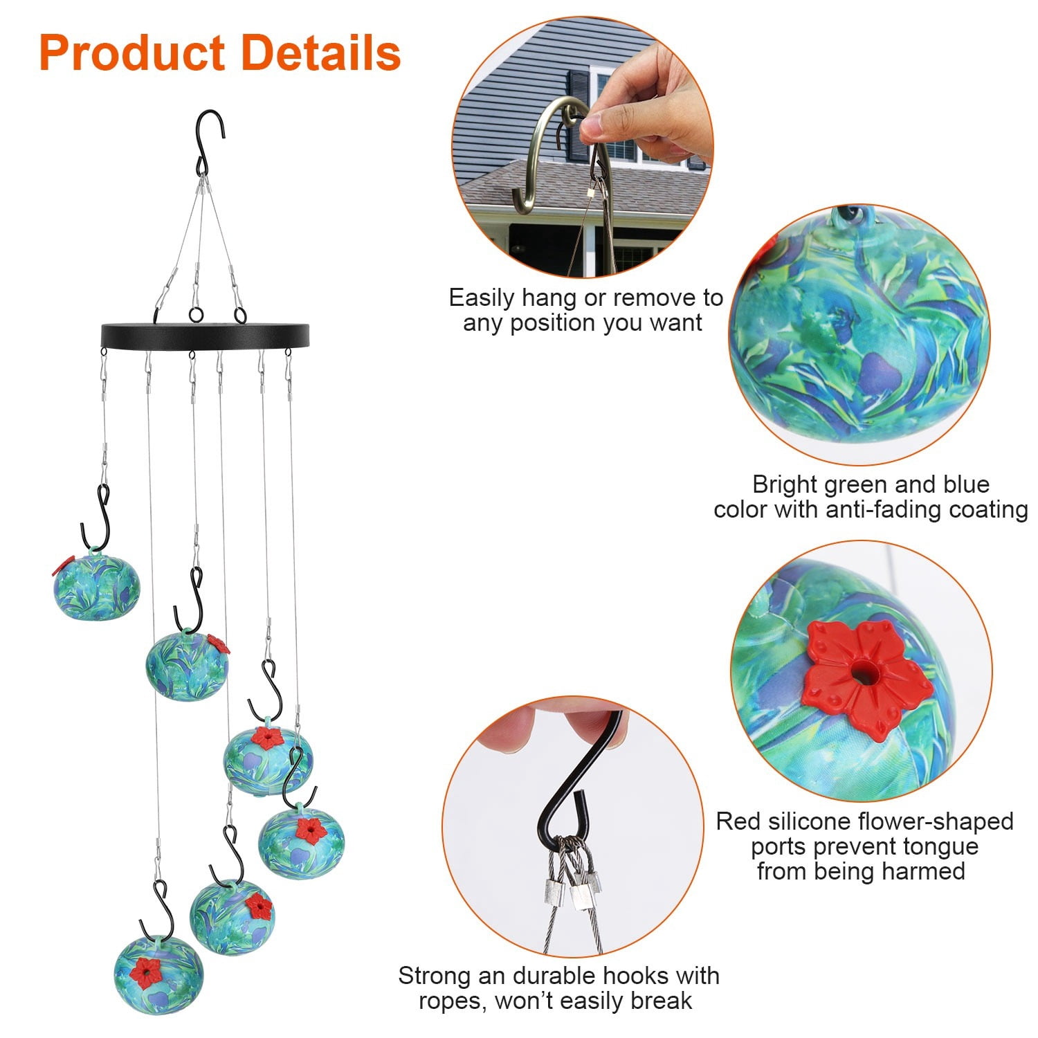 Wind Chimes Hummingbird Feeder for Outdoors Hanging, Unique Bird Feeder with Tongue-Protection Design, Garden Patio Yard Decor, Ideal Gift for Bird Lovers