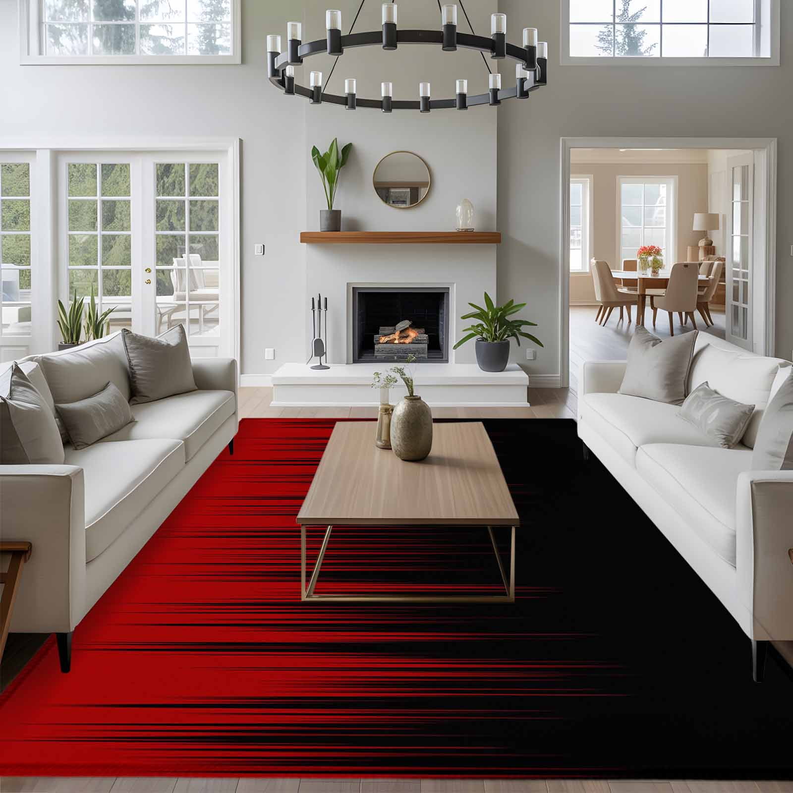 Rectangle Area Rugs 5 x 7 Ft, Dark Red Black Ombre Non-Slip Residential Carpet, Modern Abstract Art Striped Gradient Indoor Crawling Mats Runner Rugs for Living Room/Dining Room/Bedroom