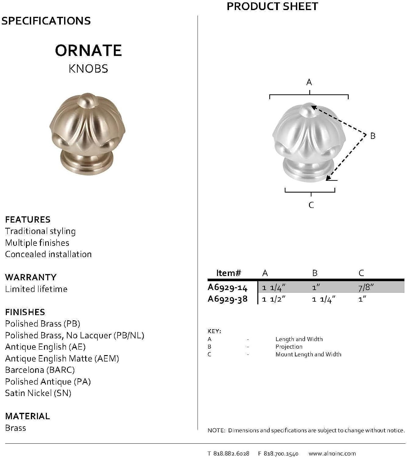 Alno A6929-14-AE Ornate 1-1/4 Inch Cabinet Knob Antique English