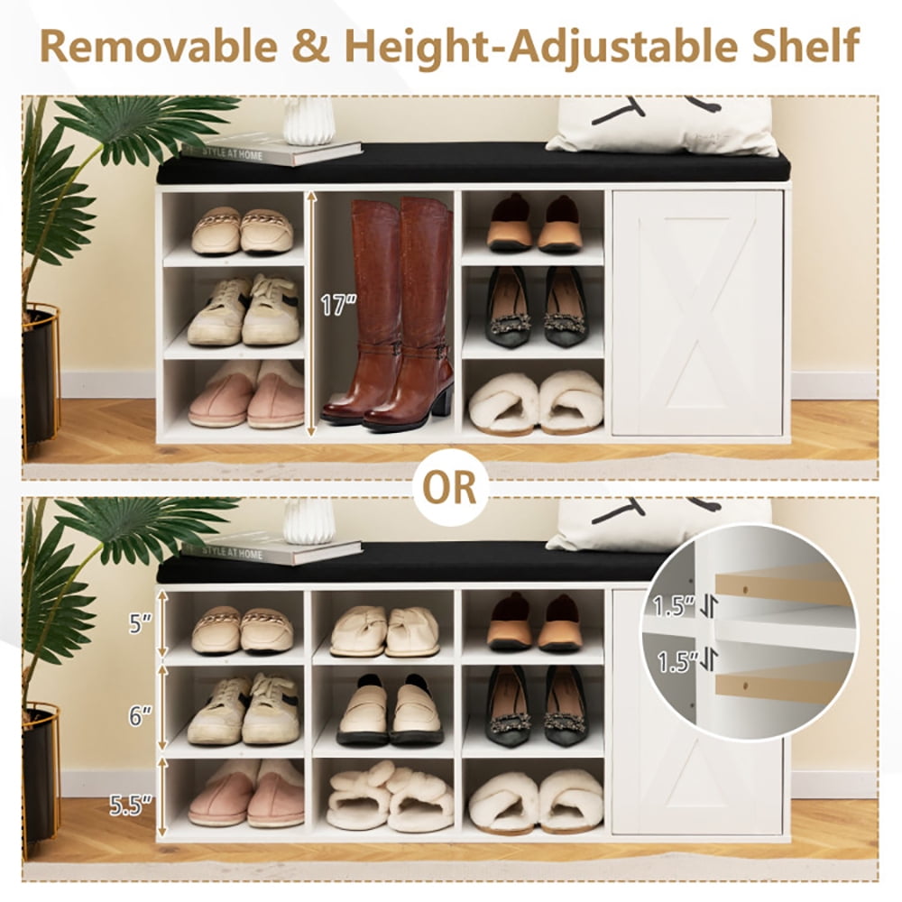 Resenkos 9-cube Shoe Bench with Adjustable Shelves and Removable Padded Cushion-White, Space-Saving Shoe Rack Organizer for Closet Entryway