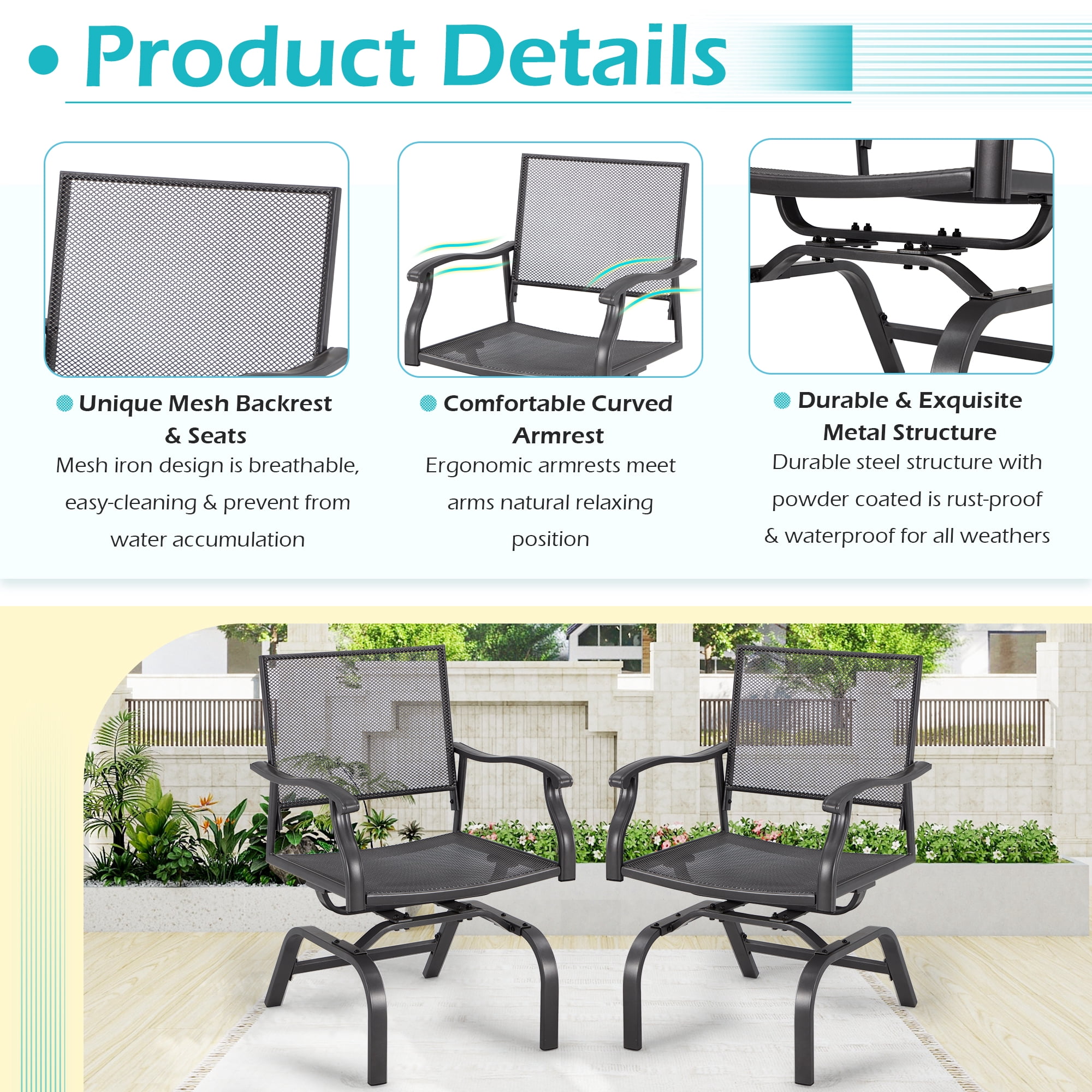 AECOJOY 3-Piece Outdoor Patio Dining Set, Outdoor Furniture Bistro Set with 2 Patio Rocking Chairs and 1 Square Patio Metal Table for Yard Garden Backyard Poolside, Dark Gray