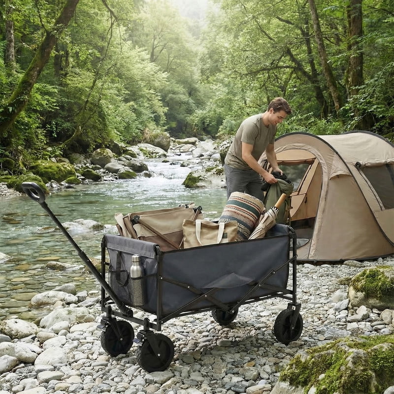 Gianna Collapsible Folding Wagon, Heavy Large Capacity Garden Wagon, Big Bucket Beach Cart with Multi-Terrain Brake Wheels for Outdoor Camping, Shopping, 37" X 21" X 38"，Gray