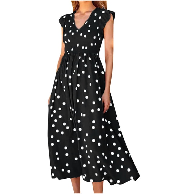 SMihono Robe Maxi Bohème d'Été pour Femmes Grande Taille Mode Femmes Décontractée à Pois Col en V Sans Manches Ceinture Longue Robe de Plage