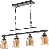 Edvivi Linear Chandelier with Amber Glass Shades, Downlight Antique Black Ceiling Light for Kitchen Island, Dining Room, and Pool Table