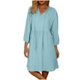 thumbnail image 2 of BLTIBY Womens Casual Dress Summer V Neck Drawstring Solid Color 3/4 Sleeve Dress Fashion Comfortable Loose Tunic Dresses Light Blue XXL, 2 of 9