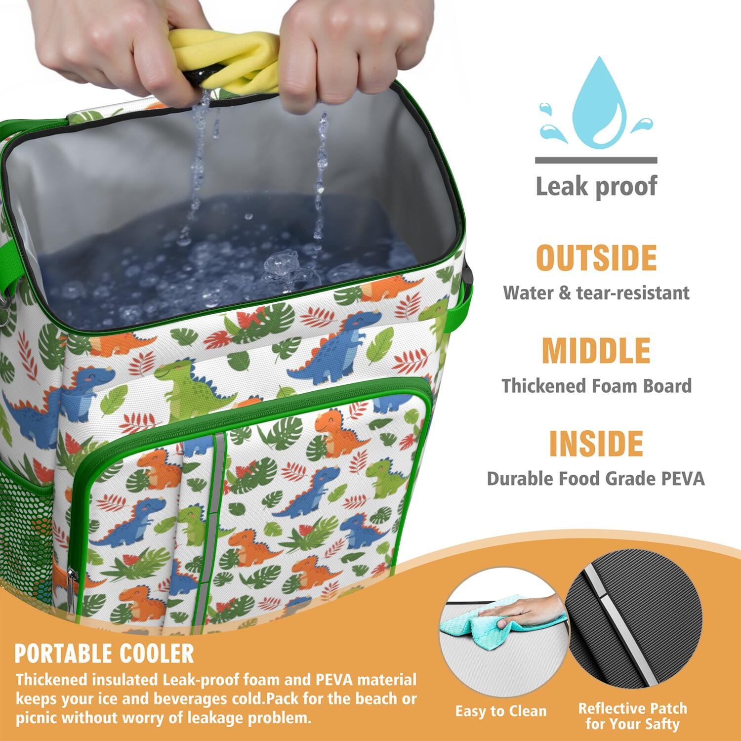 Travel Cooler Bag - White Cartoon Dinosaurs Leaves Pattern Camping Beer Cooler Backpack with Bottle Opener- Waterproof Insulated Picnic Backpacks - Cooler Bag for Beach