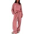 thumbnail image 5 of DeHolifer Women's Striped 2 Piece Lounge Set Casual Long Sleeve T-Shirt Drawstring Wide Leg Pants Matching Pajamas Set Red 2XL, 5 of 6