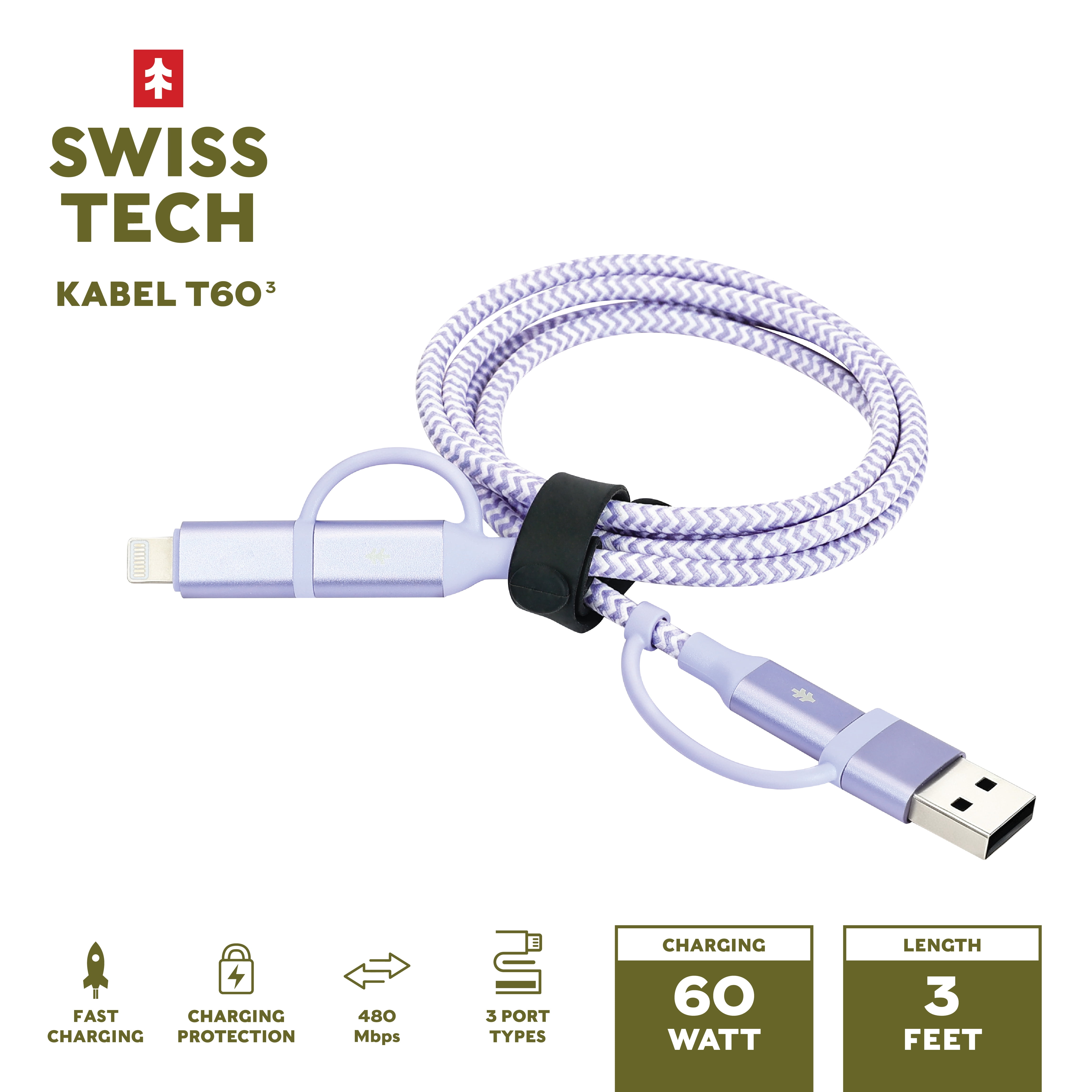 Swiss Tech Kabel T60 3 ft 60W 4-in-2 USB-C to USB-C/Lightning Charging Cable, Myrtle Purple