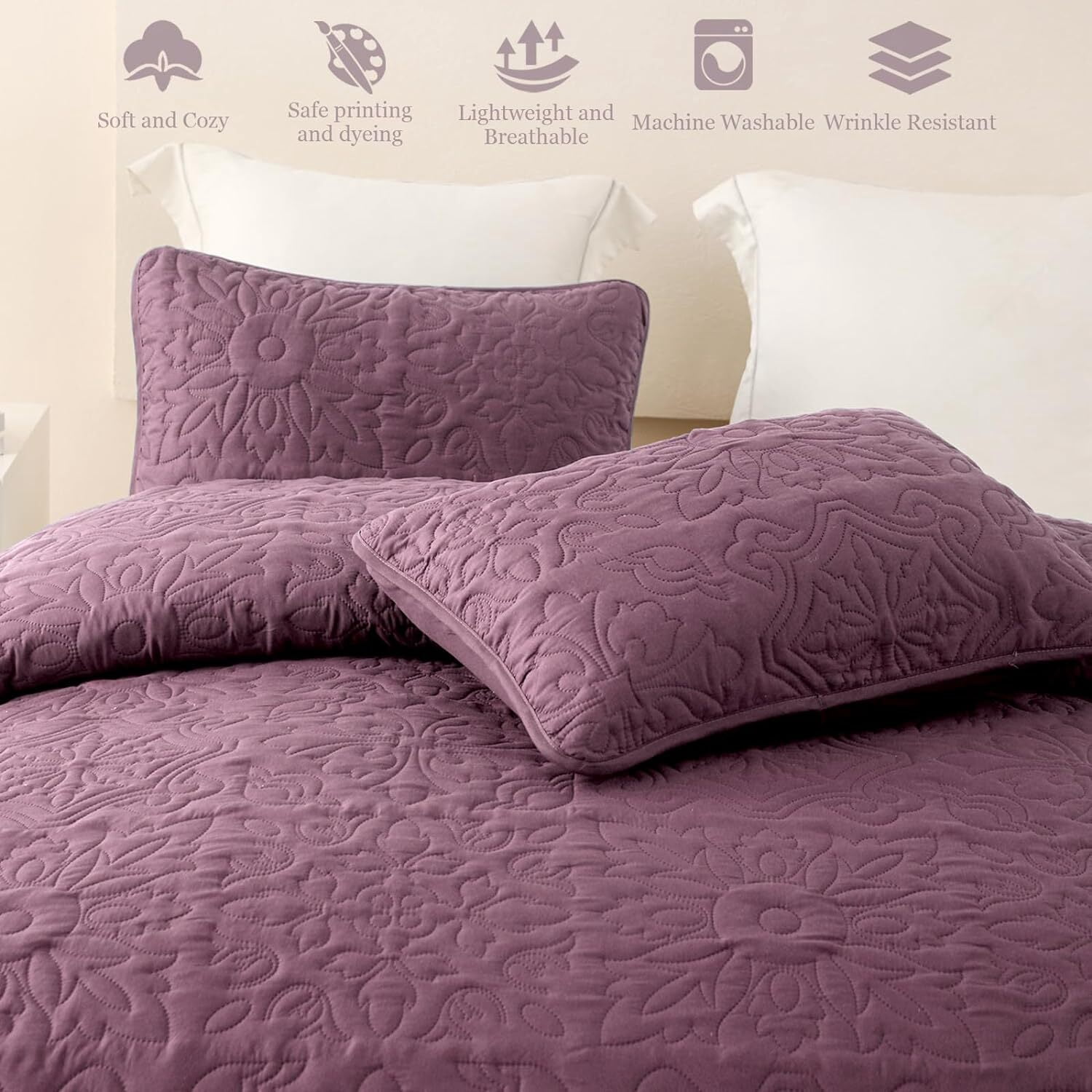 Whale Flotilla 3-Piece King Quilt Set, Soft Ultrasonic Embossed Bedding Set, Lightweight Bedspread Coverlet with Boho Vintage Pattern, Reversible Bed Cover for All Seasons, Dusty Lavender