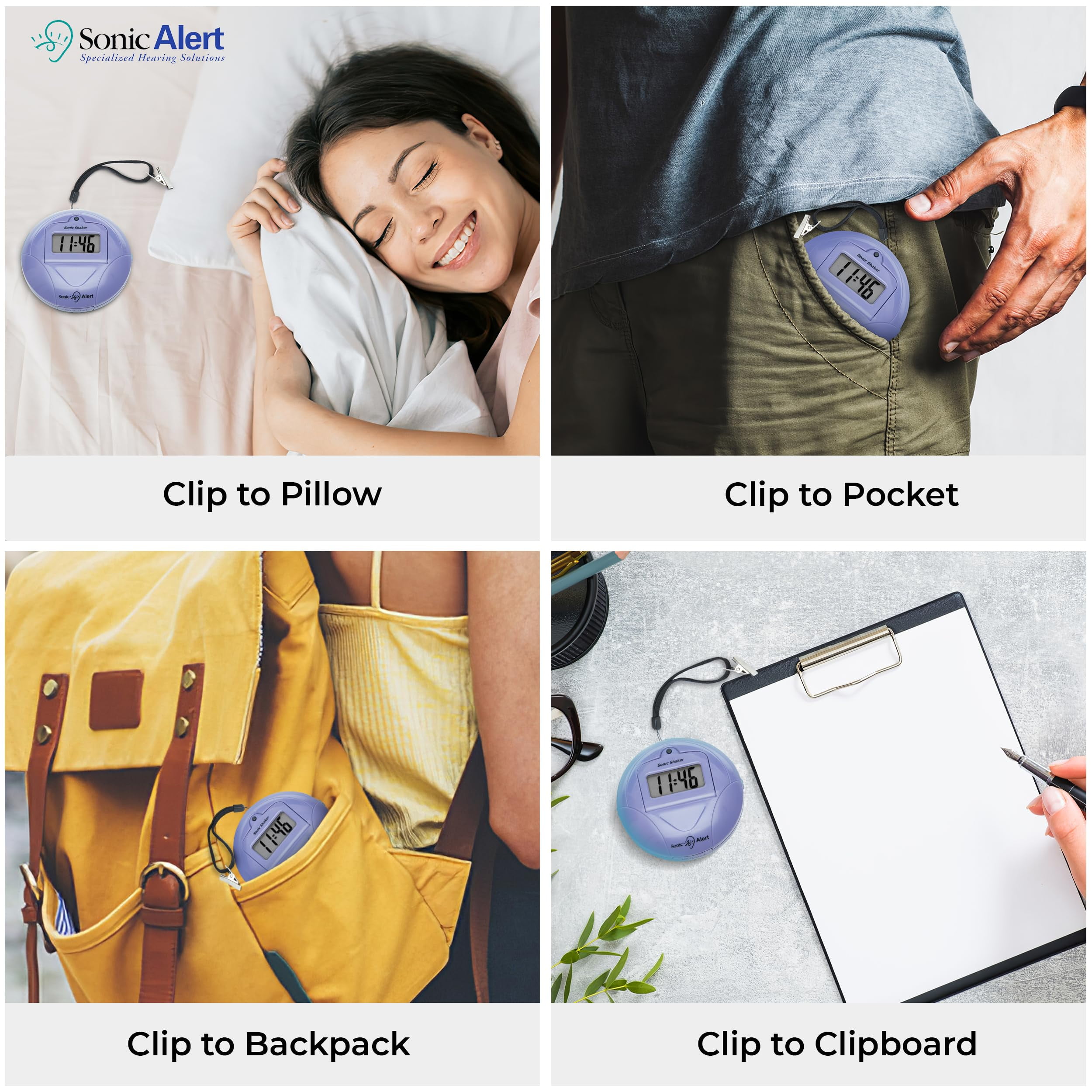 Sonic Alert - Sonic Shaker Super Loud Digital Alarm Clock for Heavy Sleepers, Portable Compact Design, Purple