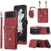 Phone Case for Samsung Galaxy Z Flip 3 5G 2021 Wallet Cover with Wrist Crossbody Strap Lanyard Credit Card Holder Stand Shoulder Slot Leather Cell Accessories ZFlip3 Z3 Flip3 3Z Women Men Red