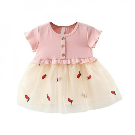 

Clearance Children Girls Summer Dress Cute Pineapple Embroidery Mesh Stitching Bottoming Short Sleeved Sweet Princess Dress