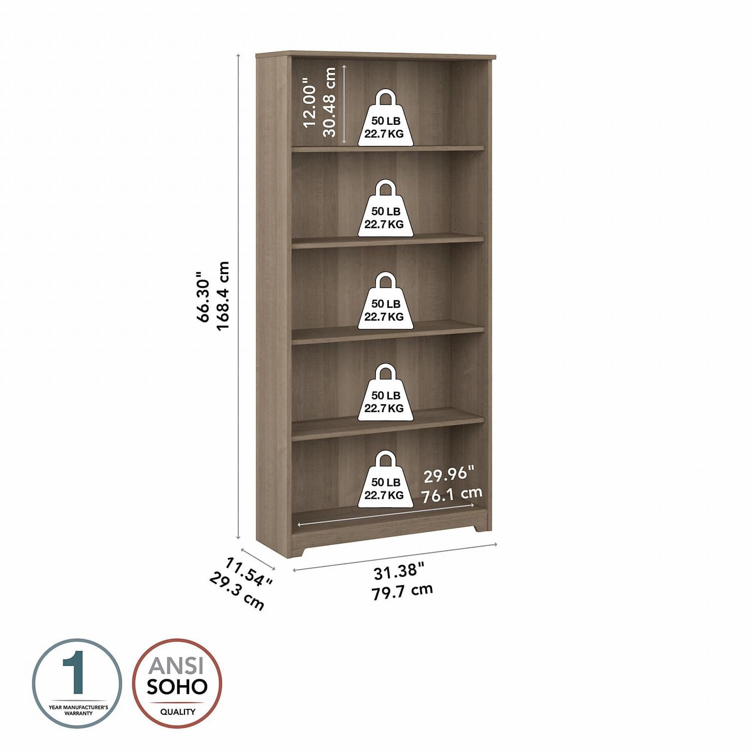 Bush Furniture Cabot Tall 5 Shelf Bookcase in Ash Gray