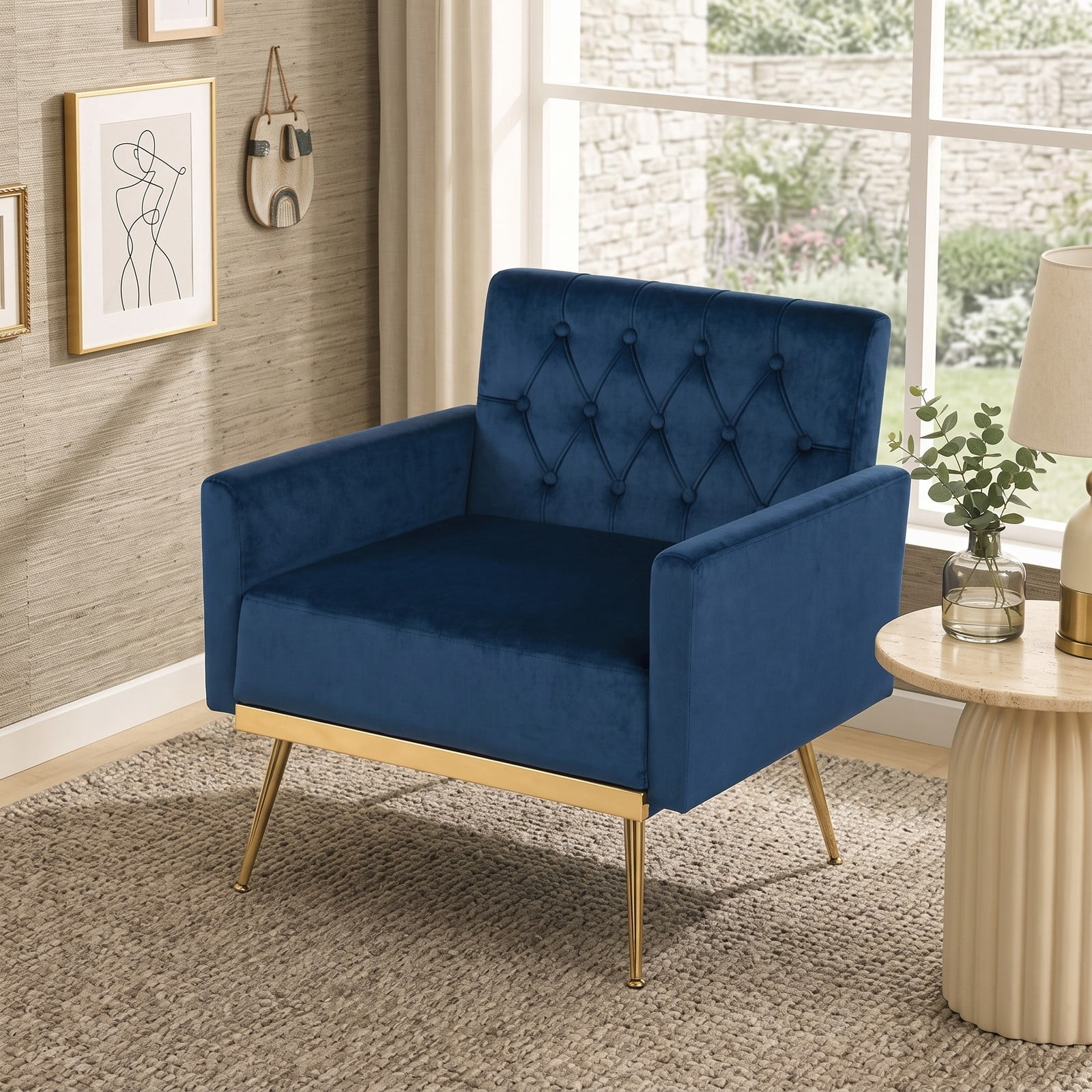 Furnibear Modern Velvet Accent Chair, Button-Tufted Upholstered Single Sofa Armchair with Metal Legs and Adjustable Feet for Living Room Bedroom Study, Holds 350, Blue
