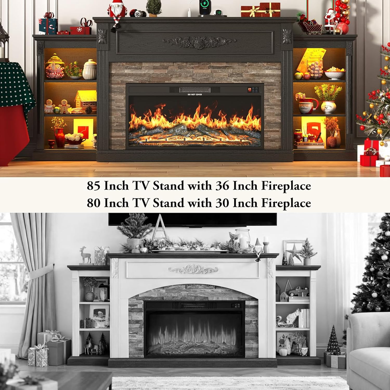 ANPOO 85" Electric Fireplace with Mantel, Fireplace TV Stand with 36" Fireplace for TVs Up to 95 Inch, 37.6" Tall Farmhouse Entertainment Center with LED Lights & Charging Station, Carved Decoration