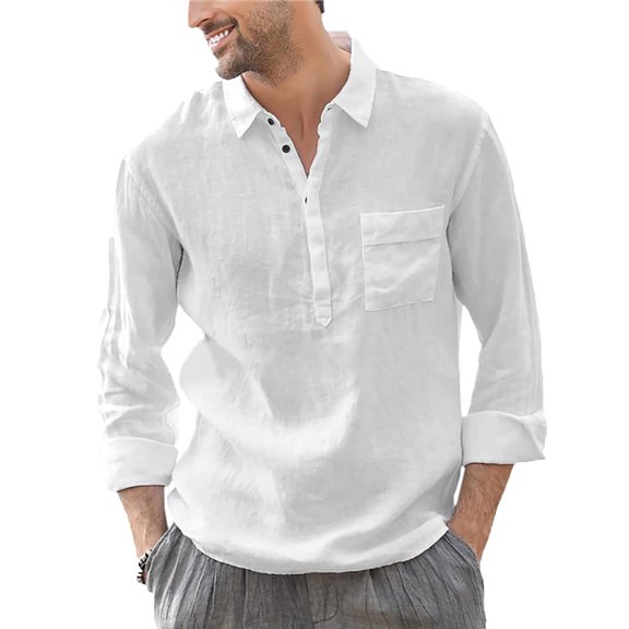 qolati Cotton Shirts for Men Casual Long Sleeve Button Down Henleys Blouse Lightweight Classic Fit Solid Color Beach Tops